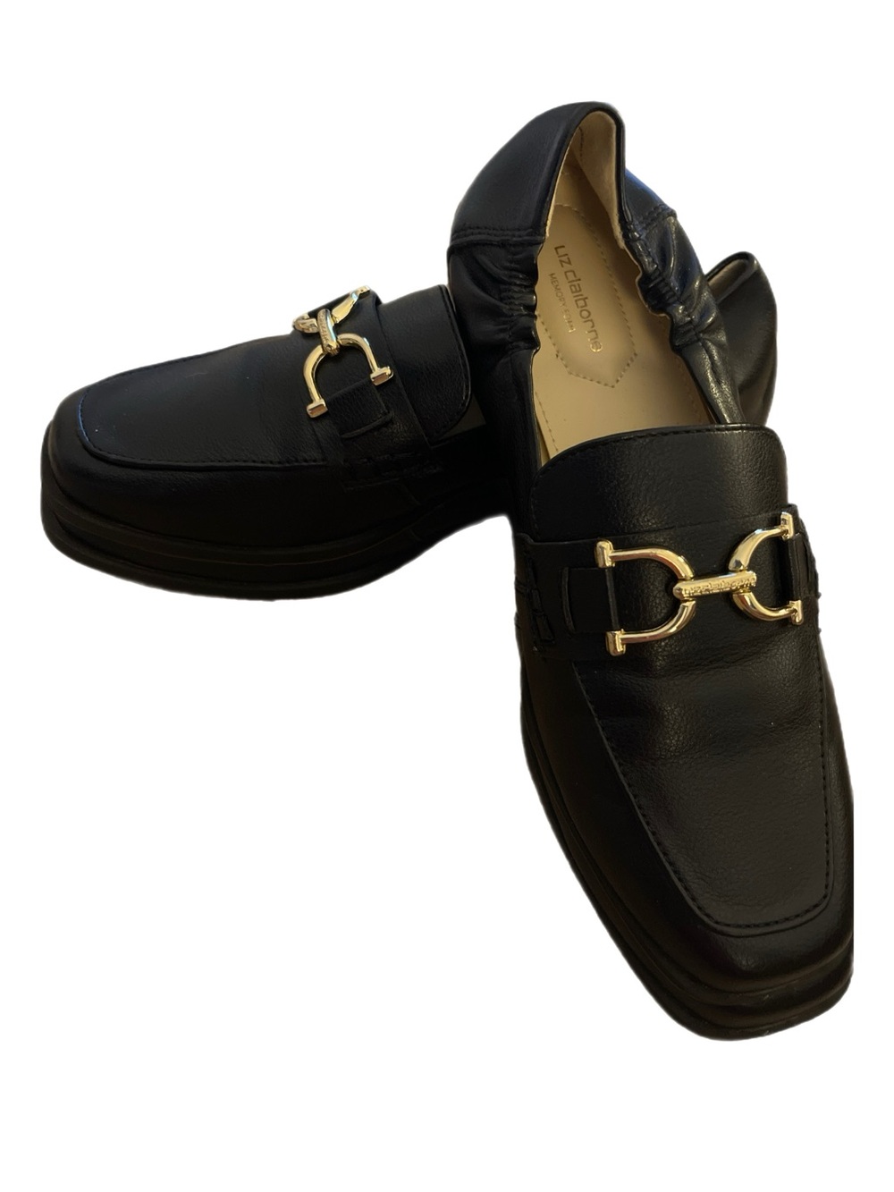 Liz Claiborne Black Leather Slip-On Loafers with Gold Bit